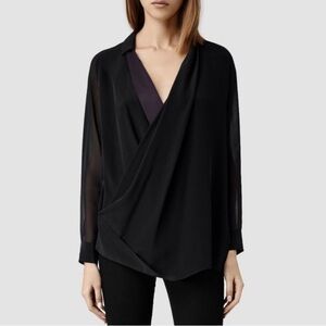 All Saints Lucas Shirt Elegant Long Sleeve Asymmetrical 100% Silk Blouse Size 4